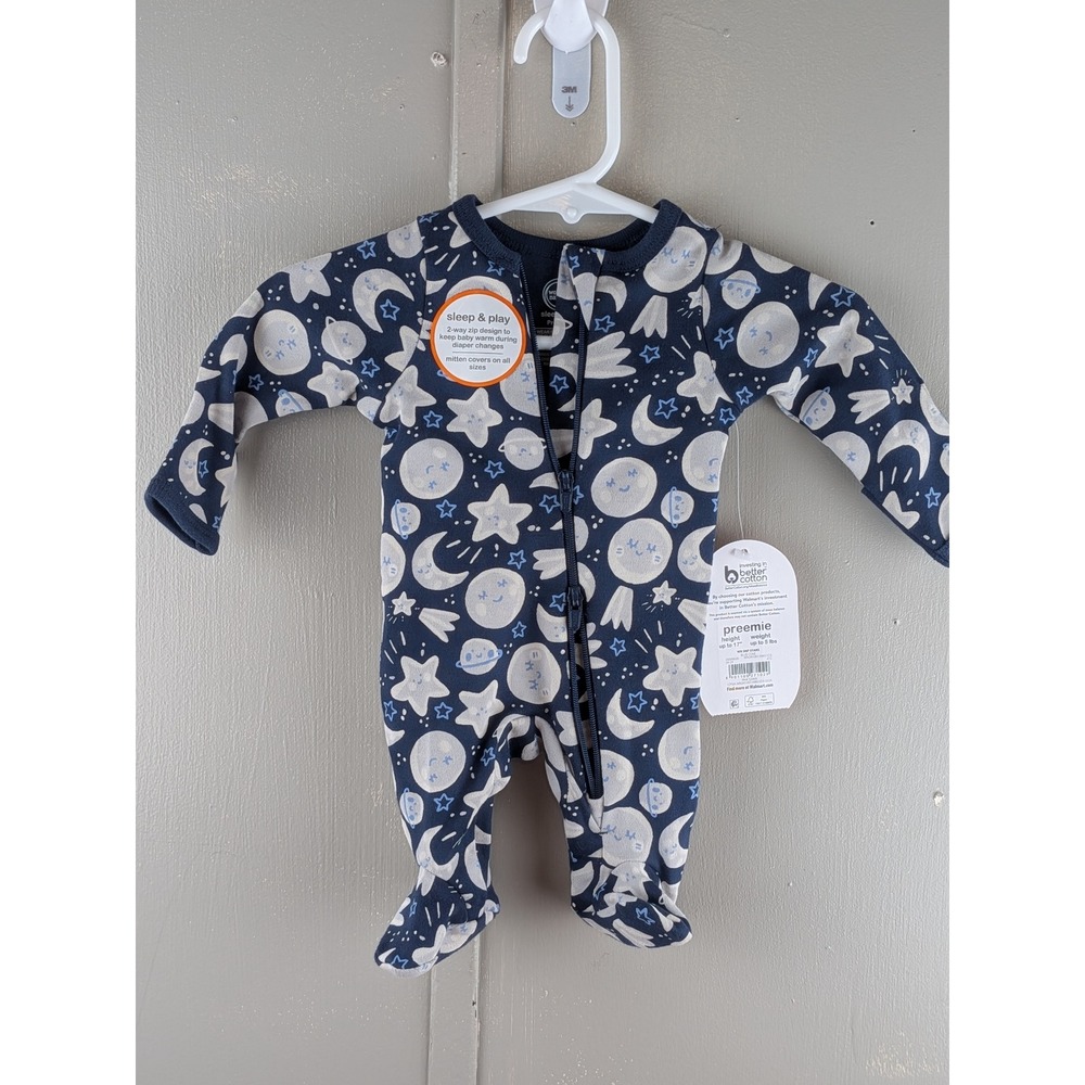 Wonder Nation Preemie Sleep and Play Navy Celestial Moon Star 2-Way Zip Sleeper